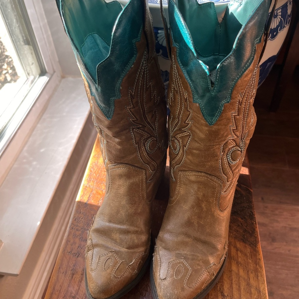 Cognac and turquoise boots
